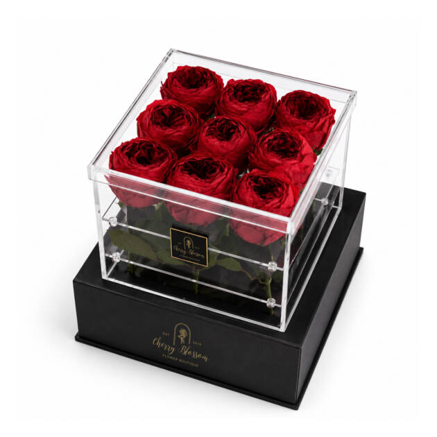 Arreglo de 9 peonias en Caja Acrílica